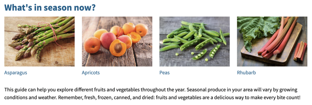 In late July, the USDA Seasonal Produce Guide says that asparagus, apricots, peas, and rhubarb are all in season.